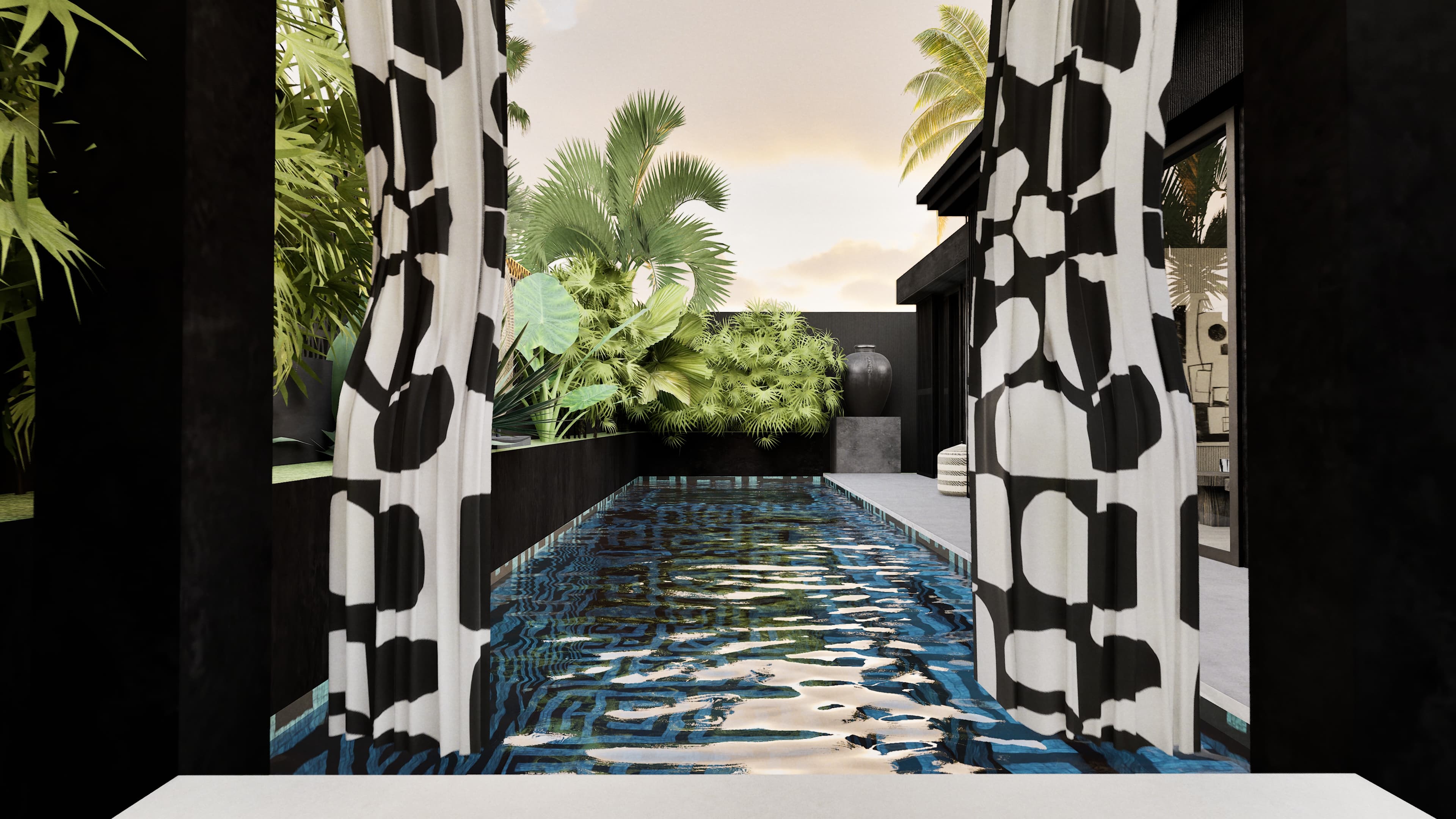 Aerial view of the Zumaïa masterplan, four pavilions stepping down the cliffside