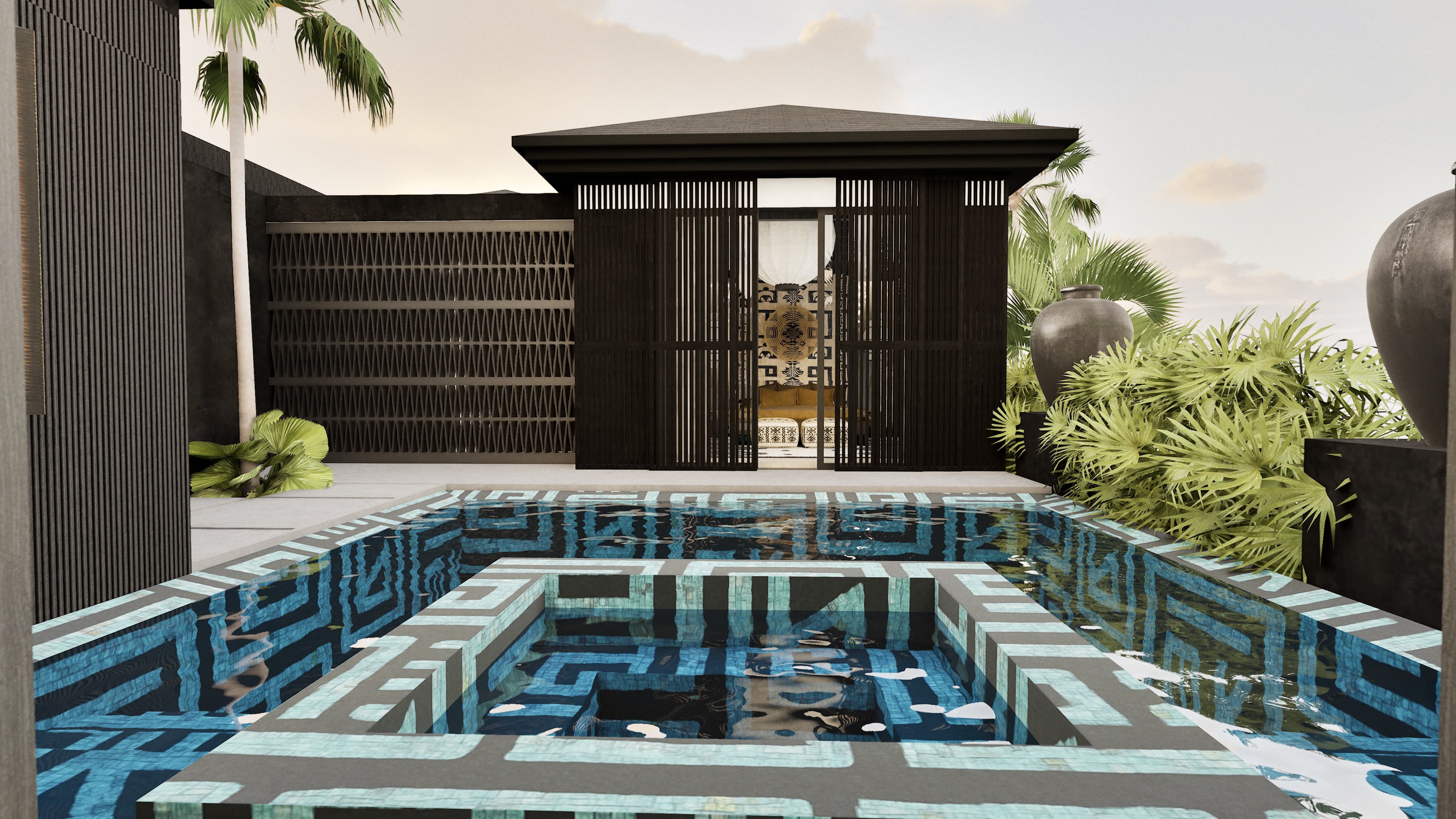 Mizu sunken lounge with double-height ceiling